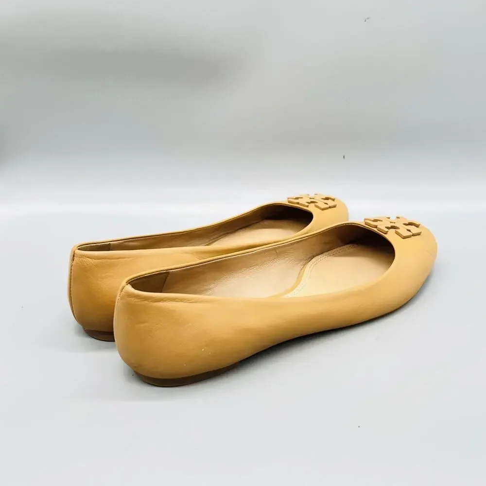 Tory Burch Shoes Womens 11 Beige Leather Medallion Ballet Flats Slip On Casual
